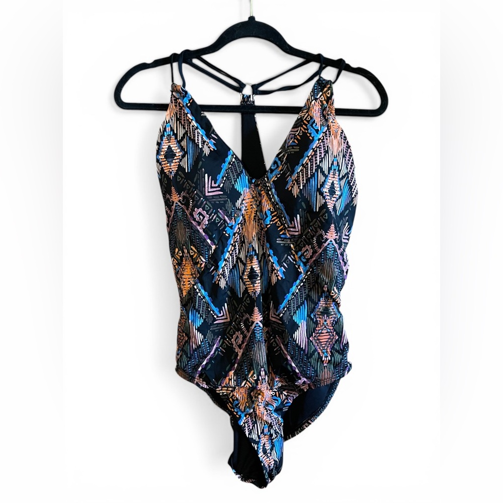 Time and Tru Black Floral One Piece Swimsuit Large High Neck Mesh Modest